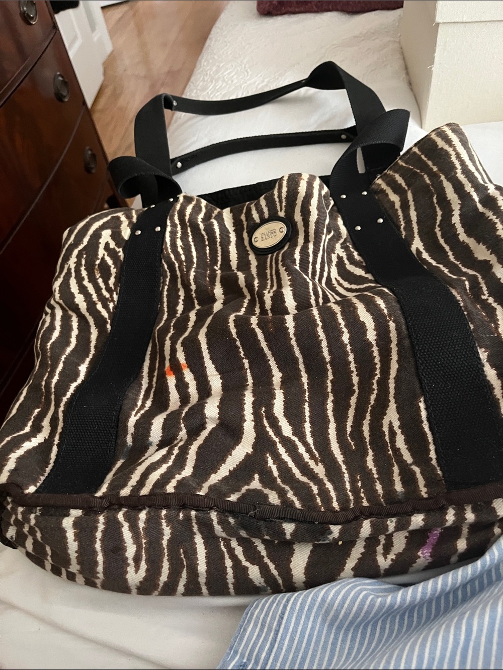 Franco Sarto Brown and Cream Zebra-Print Canvas Tote